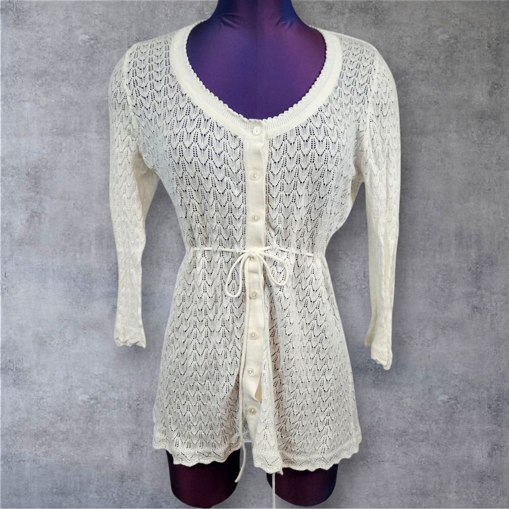 Lucy & Laurel Y2K White Lace Knit Cardigan Button Front Tie Waist Large Q63